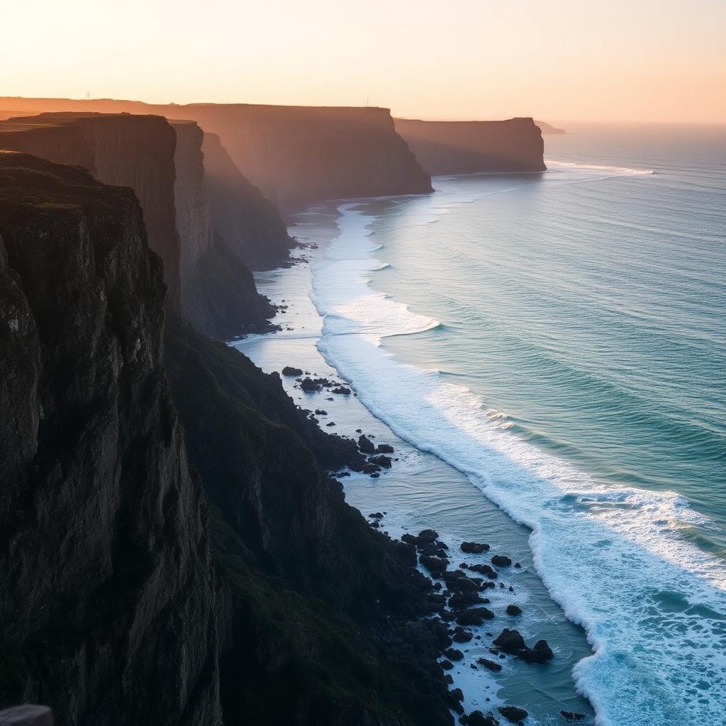 Falésias de Fernando de Noronha ao entardecer com o mar turquesa ao fundo