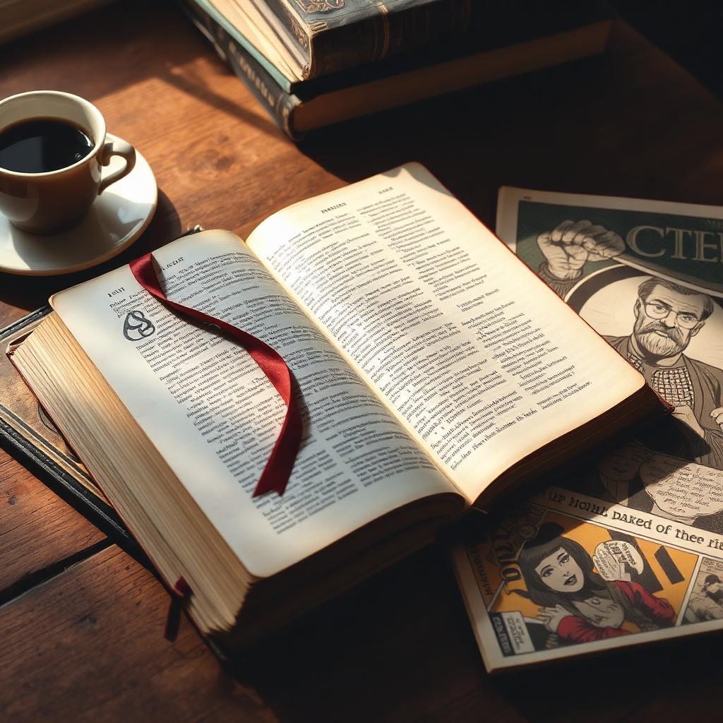 Bíblia aberta com marcador vermelho ao lado de livros antigos, gibis e uma xícara de café
